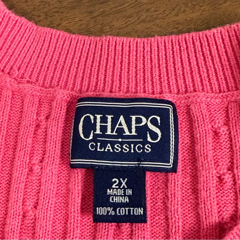 Chaps Classics Pink Cable Knit Cotton V-Neck Sweater Plus 2X Button Pullover - Picture 6 of 8